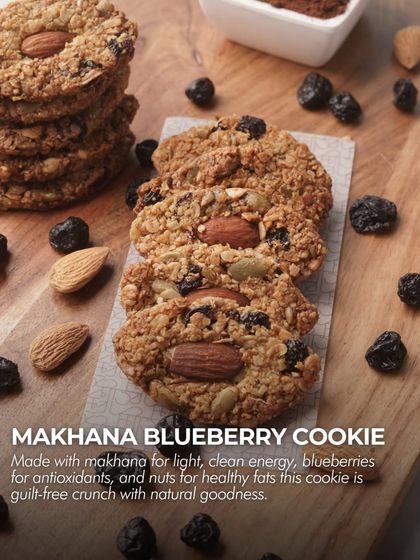 A close-up of my Makhana Blueberry cookie, made with light makhana, blueberries, and nuts. This is a guilt-free crunch packed with antioxidants and healthy fats.