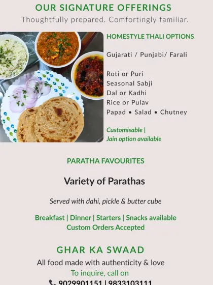 Looking for a complete, comforting meal? My homestyle thali options include everything from roti and sabji to dal and rice. I also make a variety of parathas served with dahi and pickle, perfect for breakfast or dinner.