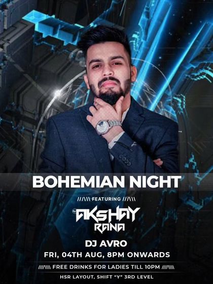 A poster for "Bohemian Night" at Shift HSR, a Friday night event with free drinks for ladies until 10 PM.