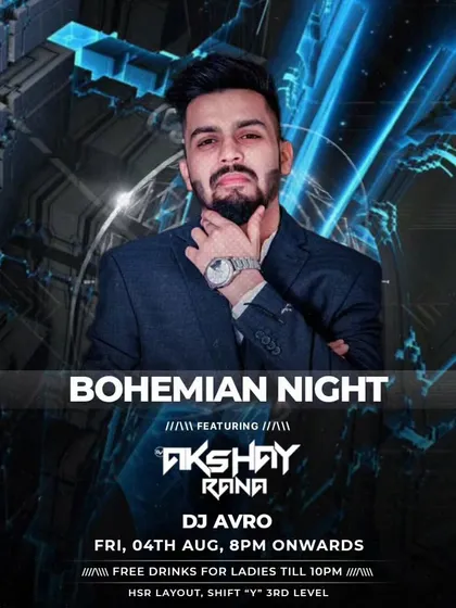 A poster for "Bohemian Night" at Shift HSR, a Friday night event with free drinks for ladies until 10 PM.
