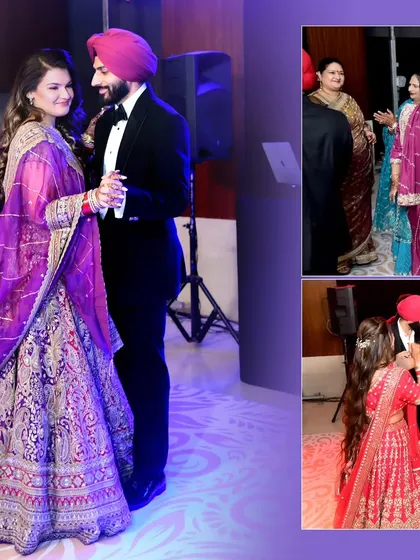 A collage from a Sangeet night, showing the couple's first dance and the family enjoying the party. It’s a great way to summarize the event's energy.