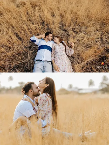 A creative composition from a pre wedding shoot in a field of golden grass. We use different angles, like this overhead shot, to create unique and artistic portraits.