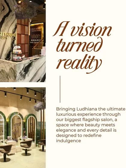 A vision turned reality. This graphic showcases the stunning interiors of our biggest flagship salon in Ludhiana, a space designed to redefine indulgence.