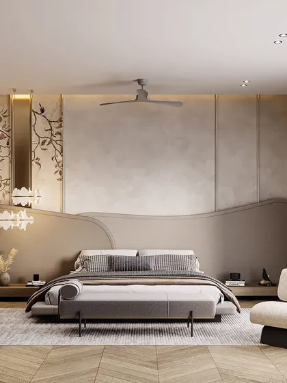 This master suite embodies our love for quiet opulence and bespoke craftsmanship. The custom-contoured headboard creates a soft, fluid focal point, while a palette of hushed neutrals and rich textures fosters a sense of deep comfort and calm.