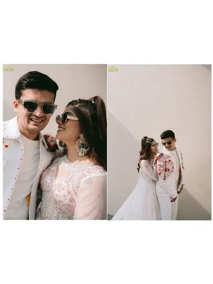 A diptych showing two different angles of the couple's interaction, one close-up and one wider shot, telling a more complete story.