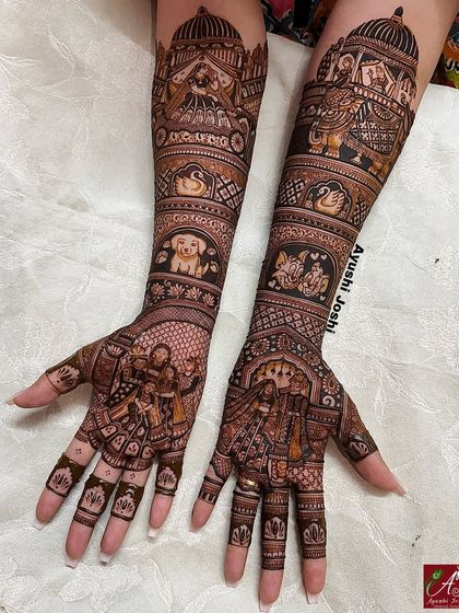 A slightly different view of the personalized bridal mehendi with the pet dog and Tom & Jerry, showing the beautiful symmetry and detail.
