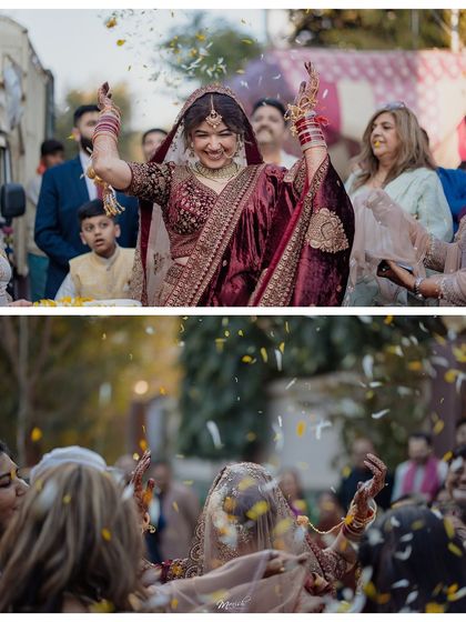 The bride's joyous celebration after the ceremony, showered with flower petals by her loved ones. A moment of pure happiness.