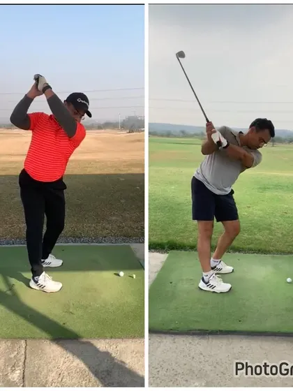 After 30 days of practice. This comparison shows a dramatic improvement in the top-of-backswing position. The 'after' swing is much more coiled and on-plane.