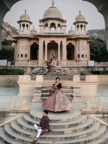 A moment of royal elegance captured in Jaipur. We used the stunning architecture of Gaitor Ki Chhatriyan to frame Ayush and Akshitha, creating a portrait that feels as timeless as their love. This is a perfect example of our heritage pre-wedding photography.
