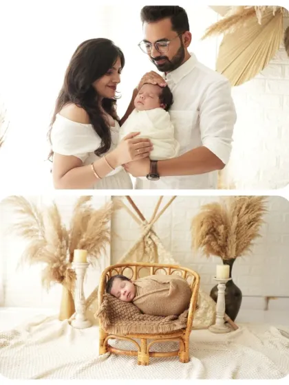 This collage combines a family portrait with a solo shot of the newborn in a rustic cane chair, showing the variety we offer in a single session.