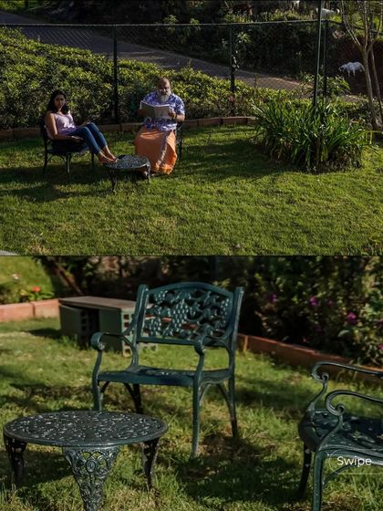A quiet seating area on the lawn, demonstrating how the outdoor spaces are designed for relaxation and enjoying the natural beauty of the location.