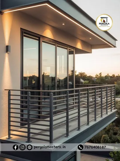 A sleek, minimalist balcony railing with horizontal bars, shown here enhancing a modern home at dusk. The clean lines provide safety without obstructing the view, and the durable finish ensures it withstands the elements while maintaining its premium look.