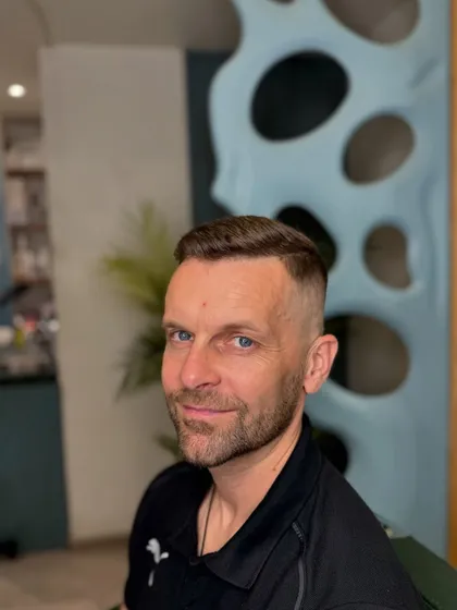 The front view of this powerful haircut. It's clean, sharp, and low maintenance.