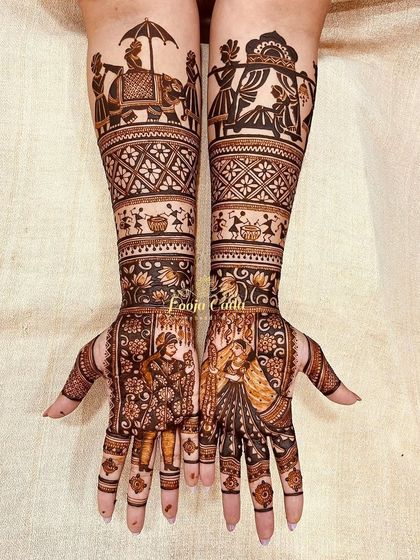 A unique bridal design featuring Warli art, a traditional tribal art form, alongside classic baraat and wedding ceremony scenes.