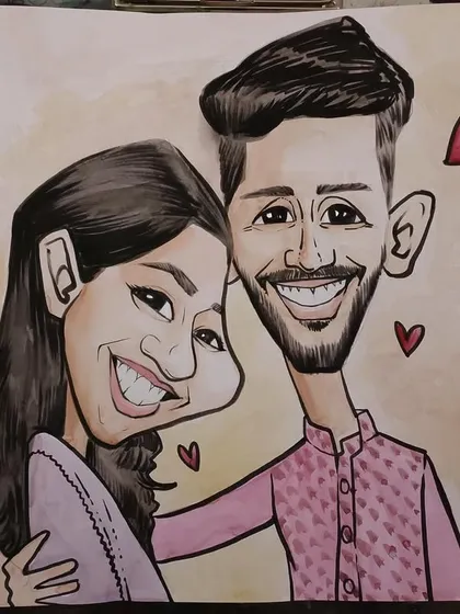 A romantic couple caricature done with watercolors on paper. This style is ideal for wedding gifts or invitations, offering a classic and artistic touch.