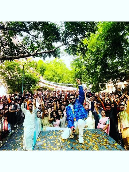 A picture-perfect moment with the incredible students at SJCE Mysore. The entire campus was one giant dancefloor, celebrating together in their ethnic wear.