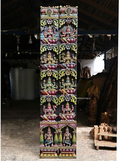 The full view of the paired 72-inch vertical Astalakshmi panels, a truly grand and colorful depiction of the eight forms of the goddess.