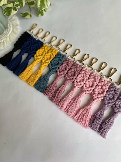 A rainbow of my diamond-pattern keychains, all lined up and ready for a customer.