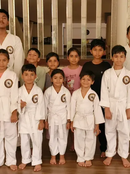 Some of our beginner students at the Virar branch, all in their white gis. This is where every karate journey starts, with learning the first basic stances and punches.