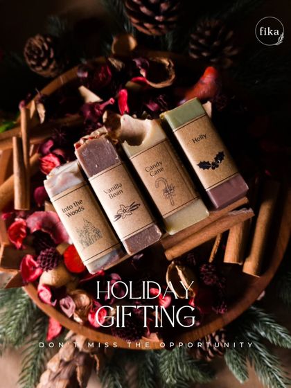 My most anticipated drop of the year, the Holiday Gifting collection. Here you can see the full range of festive scents: 'Into the Woods', 'Vanilla Bean', 'Candy Cane', and 'Holly', all handcrafted and ready to make your winter bath routine extra cozy.
