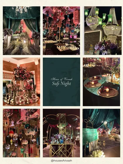 The moodboard for a mystical Sufi Night, featuring a rich jewel-toned palette of emerald green and ruby, with Moroccan lanterns and opulent floral arrangements to create an enchanting atmosphere.
