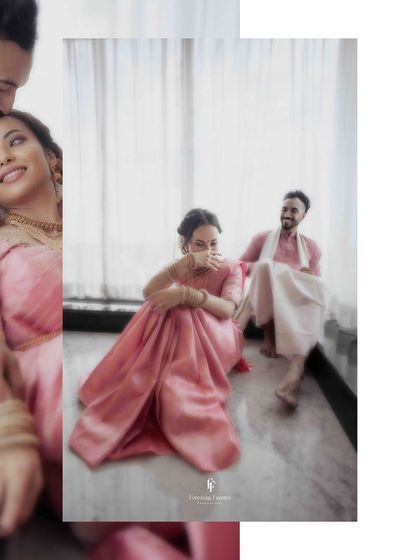 A collage capturing the tender moments of an engagement, with the groom kissing his bride's forehead as she smiles.