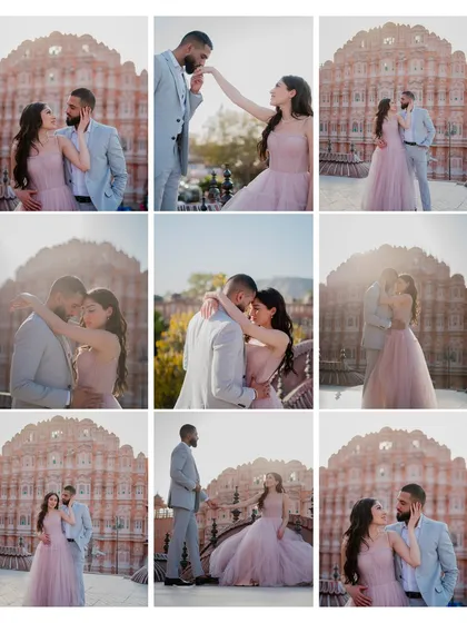 A nine-grid collage of Amrit and Gagan's romantic shoot at Hawa Mahal, capturing a variety of poses from sweet kisses to elegant dances.