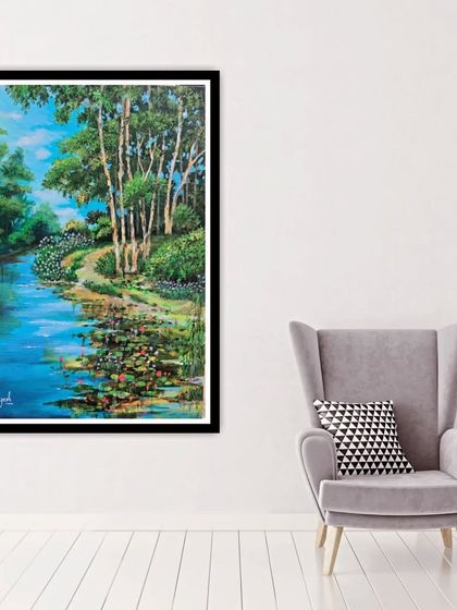 Here is my 'Lotus Pond' painting mocked up in a home. This 18x24 inch canvas can be a serene and beautiful focal point in a living room or bedroom.