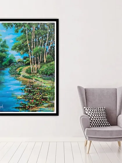 Here is my 'Lotus Pond' painting mocked up in a home. This 18x24 inch canvas can be a serene and beautiful focal point in a living room or bedroom.
