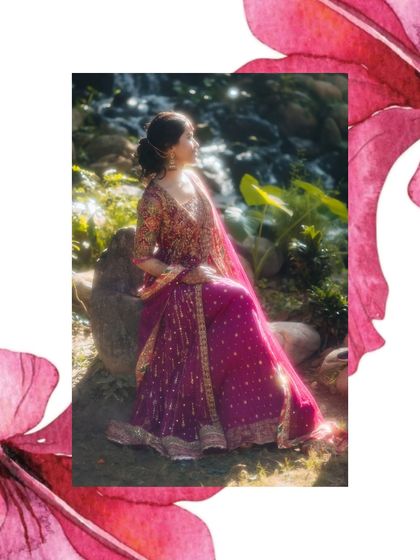 A dreamy, artistic portrait of a bride sitting by a waterfall, framed by a pink floral graphic.