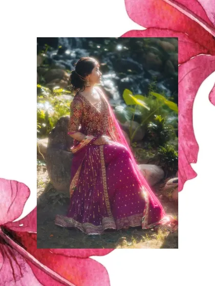 A dreamy, artistic portrait of a bride sitting by a waterfall, framed by a pink floral graphic.
