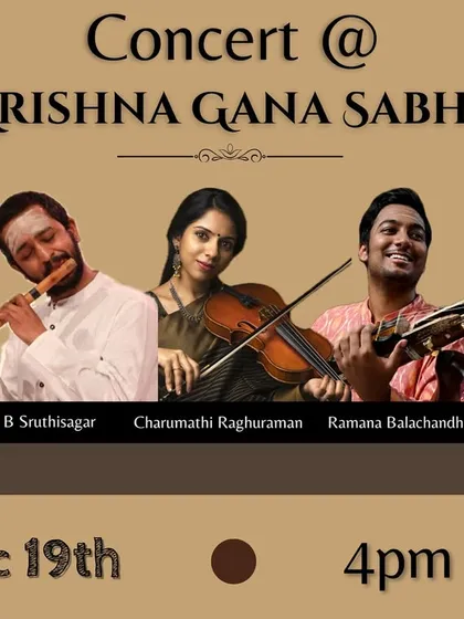 An invitation to a trio concert at the famous Krishna Gana Sabha, featuring a wonderful ensemble of artists.