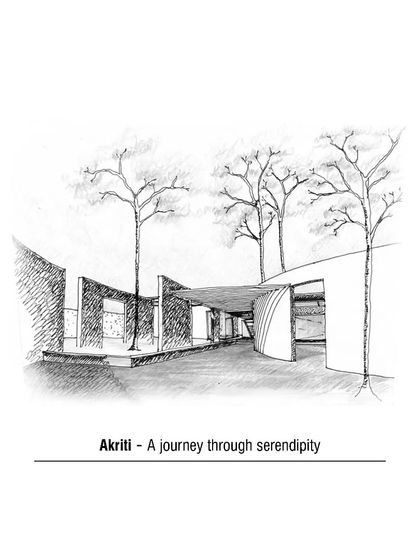 A hand-drawn sketch of the Akriti Experience Centre, capturing the initial concept of a journey through a series of sculptural walls. Our process often starts with simple sketches like this to explore the core idea of a project.