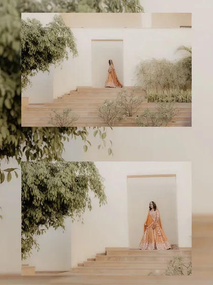 A collage showing different angles of the bride on the stairs, highlighting the architecture and her graceful presence.
