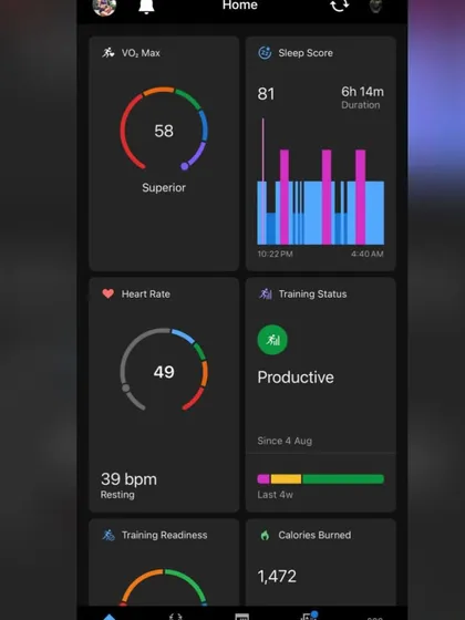 My stats after a tough run in the humidity. A VO2 Max of 58 and a resting heart rate of 39 show a strong aerobic base, but the "Productive" training status indicates I'm adapting well.