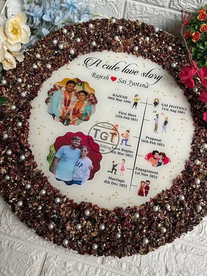 Another view of the large timeline frame, showing the two photos and the detailed story of the couple's relationship.