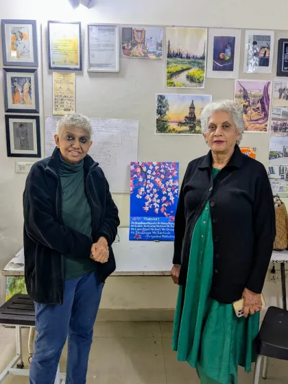 Two of our most dedicated adult students, Priyanka and Harinder ma'am, at the studio. Both have gone on to exhibit their work professionally.