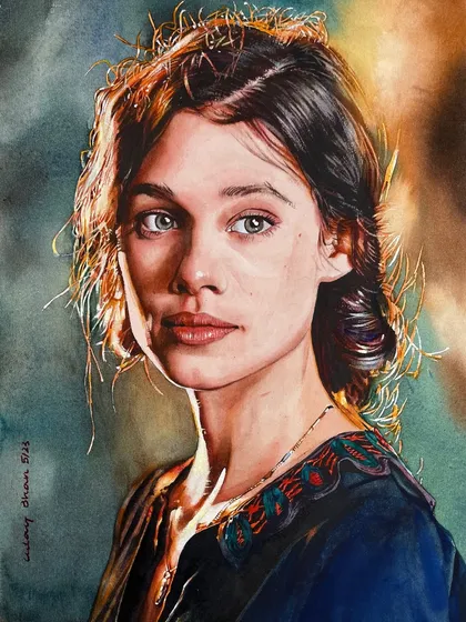 The play of light and shadow, especially the backlight catching the loose strands of hair, is what brings a portrait to life. This piece is a study in capturing that fleeting, gentle glow and the quiet intensity in her eyes.