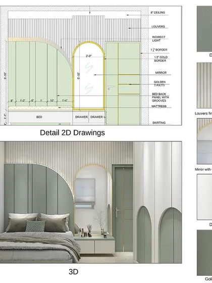 Our design process ensures you know exactly what you're getting. Here you can see our detailed 2D drawings and a realistic 3D render for a bedroom concept, showing the material choices like Duco paint and golden T-patti inlays. This helps us finalize every detail with you before production begins.