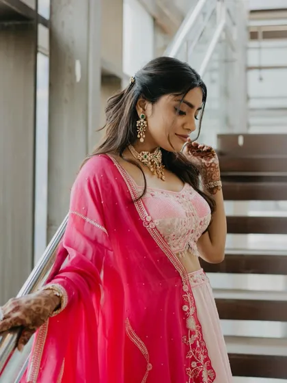 Flushed in pink and love. This engagement look features rosy cheeks, glossy lips, and my signature glass skin finish, paired with a half-tied hairstyle.
