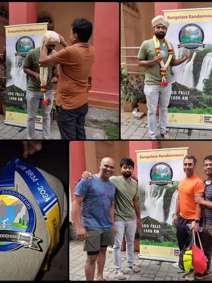 Celebrating the finishers of the Jog Falls 1000K BRM. Each finisher is honored with a garland and a medal, a traditional welcome for conquering such an epic ride.