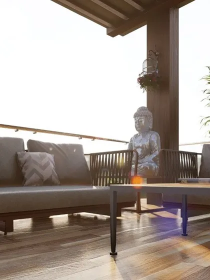 A closer view of the seating arrangement in this balcony concept. The woven detail on the sofas adds a lovely texture, and the wooden deck flooring brings warmth to the space, making it feel like a natural extension of the indoors.