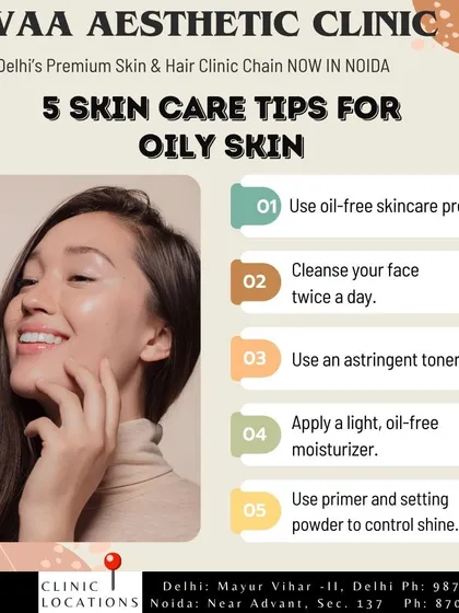 We provide five essential skincare tips specifically for managing oily skin, including using oil-free products and cleansing twice a day to control shine.