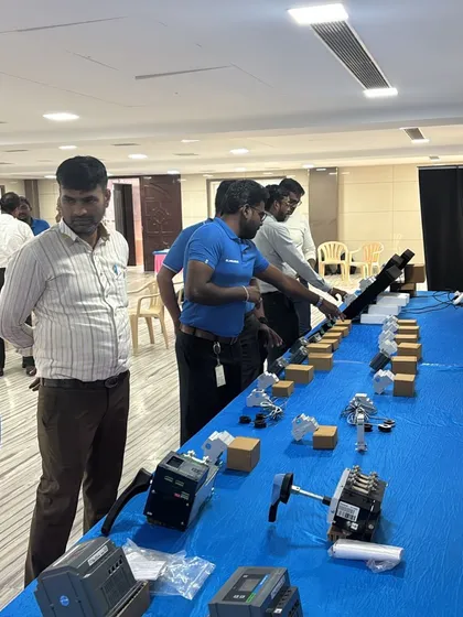 A long table displaying our range of energy meters and switchgear solutions at our Chennai Retailer Meet. Partners could inspect and learn about each product firsthand.