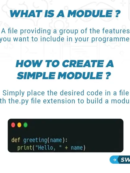 This slide explains what a module is and how to create a simple one by saving your Python code in a .py file.