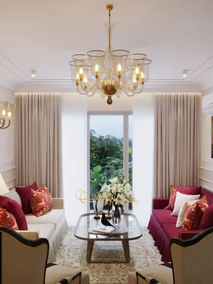 A formal drawing room that blends classic and contemporary styles. The space is symmetrically arranged around a large window, with a striking chandelier as the centerpiece.