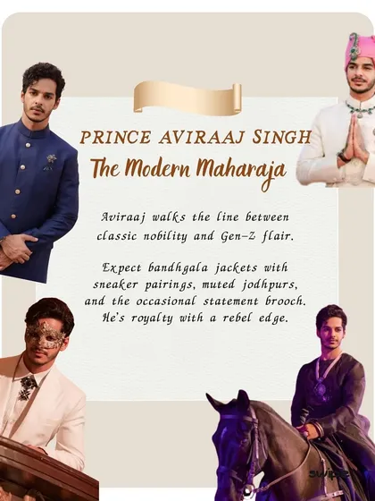 Ishaan Khatter as Prince Aviraaj Singh is the modern maharaja. His style walks the line between classic nobility and Gen-Z flair, pairing bandhgalas with sneakers for a look that's royalty with a rebel edge.