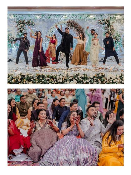 A collage showing the energy of the Sangeet, with group dance performances on stage and the guests cheering them on.