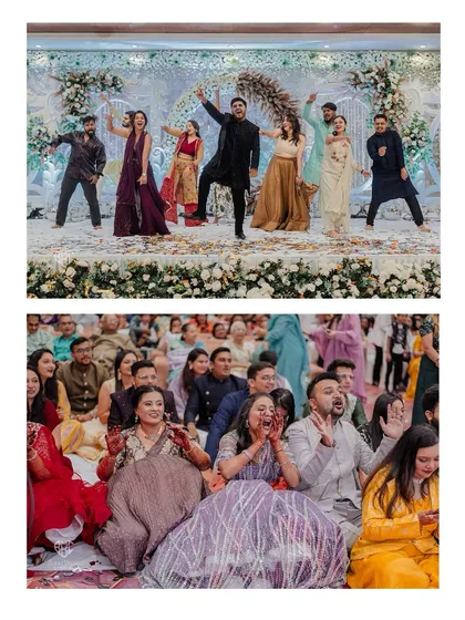 A collage showing the energy of the Sangeet, with group dance performances on stage and the guests cheering them on.