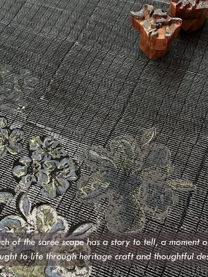 'Songs of a Vintage Spring' is our debut saree collection with the label Dhi. It is a celebration of sustainable craft, using 70+ year old teak blocks from our archive to create wearable art that tells a story of Bangalore's seasons.